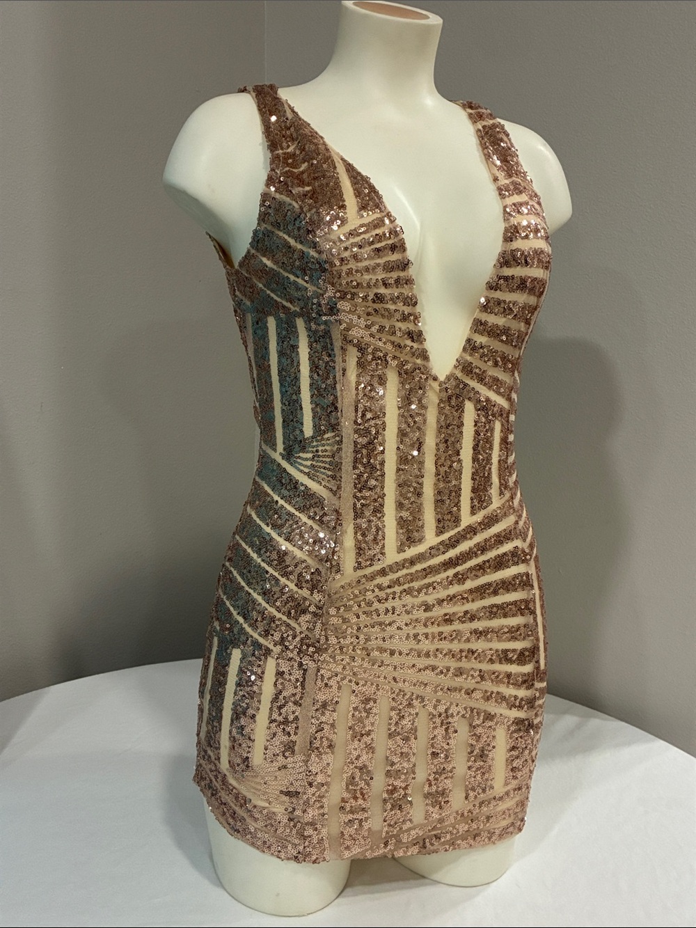 Sleeveless Rose Gold Sequin V-Neck Mini Dress